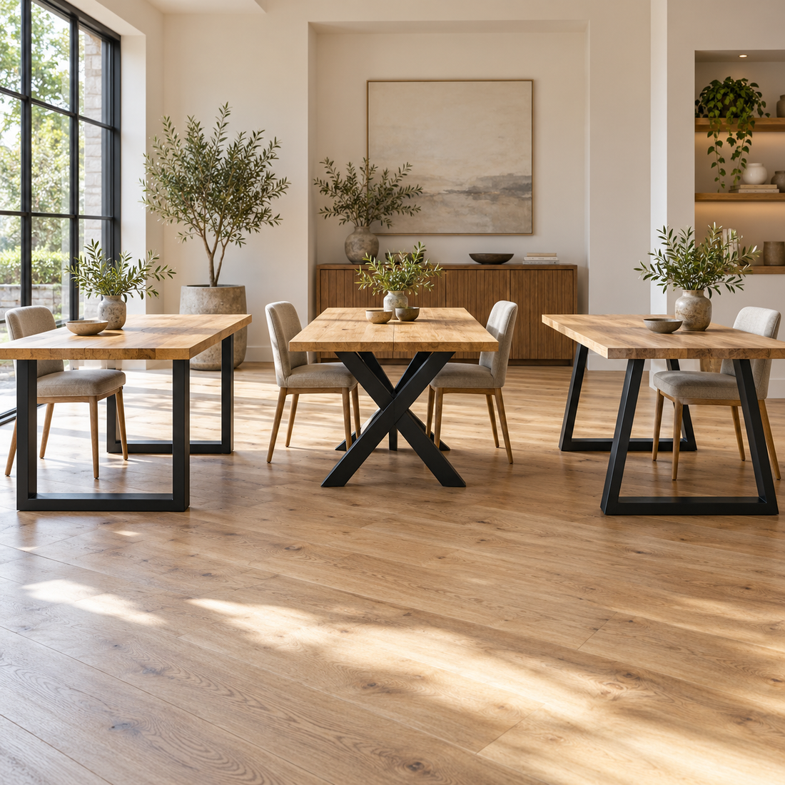 Patas de mesa en U, X o trapecio: ¿qué forma deja más espacio?