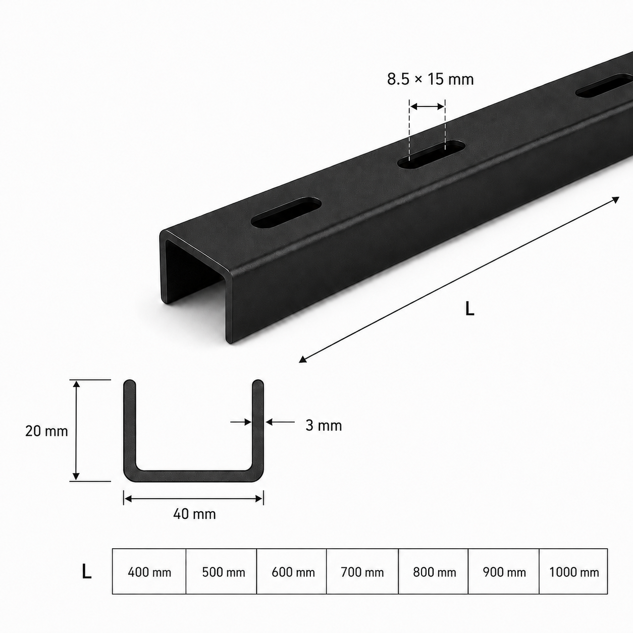 Refuerzos para tablero – perfil en U negro (set 3 uds)